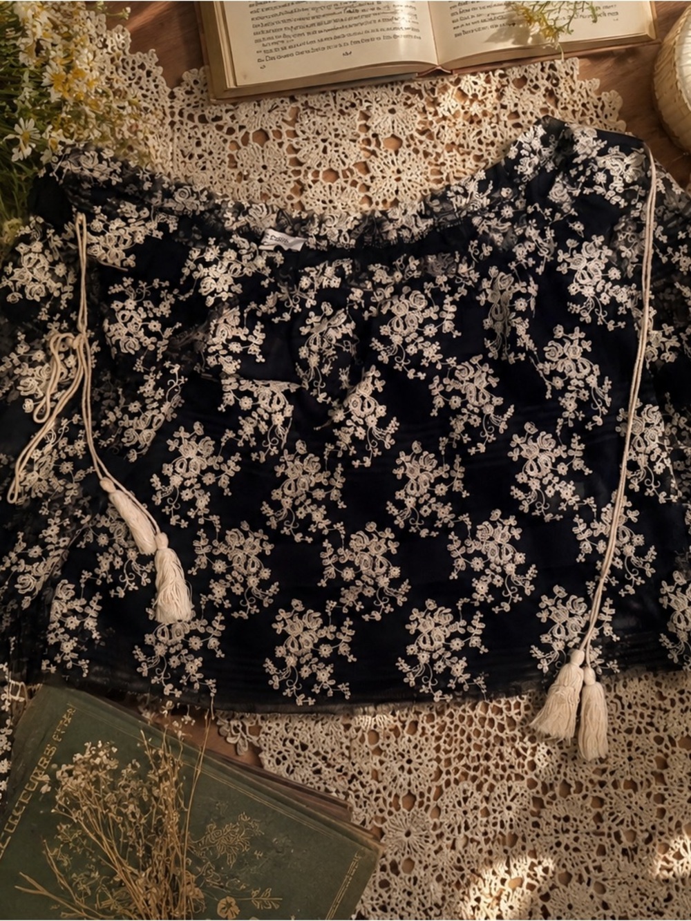 Lucy Paris Navy Blue Off-Shoulder Floral Top with Cream Embroidery